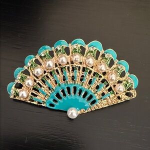 Gold Tone Teal & Pearl Fan Brooch